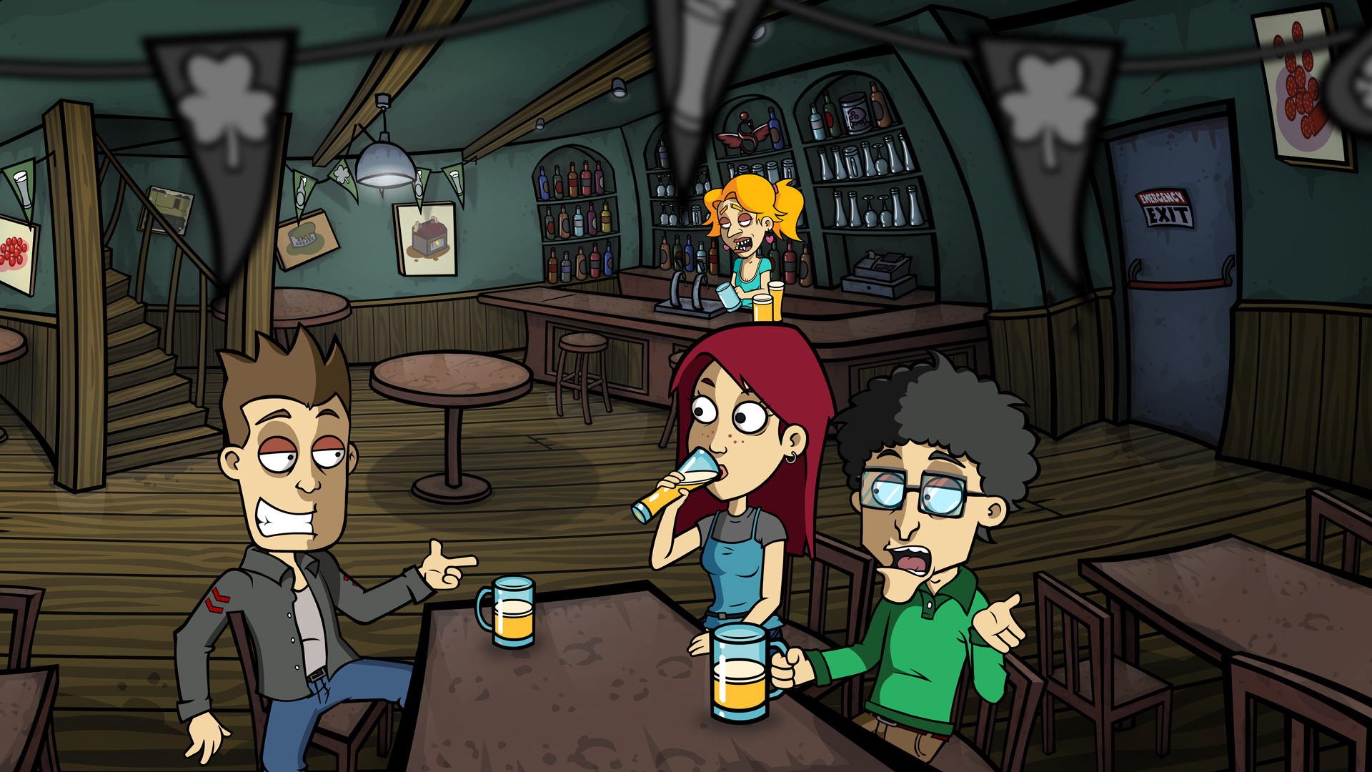 A feminine figure sits with two masculine figures in a bar while another feminine figure cleans glasses in the background.